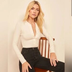 Reformation Henley  Cream Bodysuit Fitted Mandarin Collar